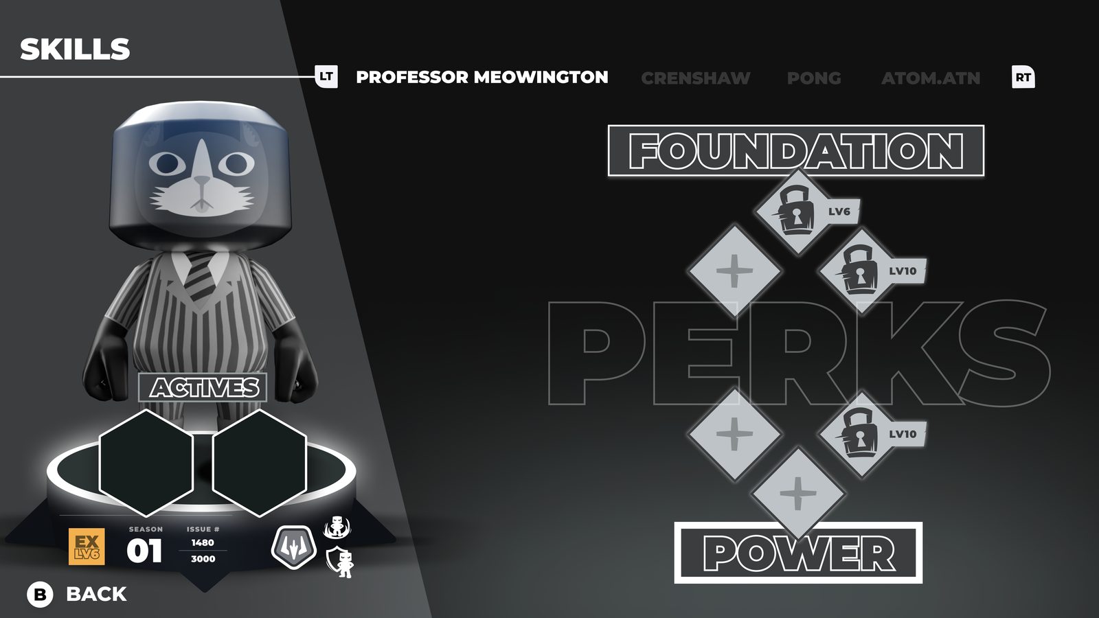 Blankos Block Party skills screen — character with Foundation, Perks and Power skill trees